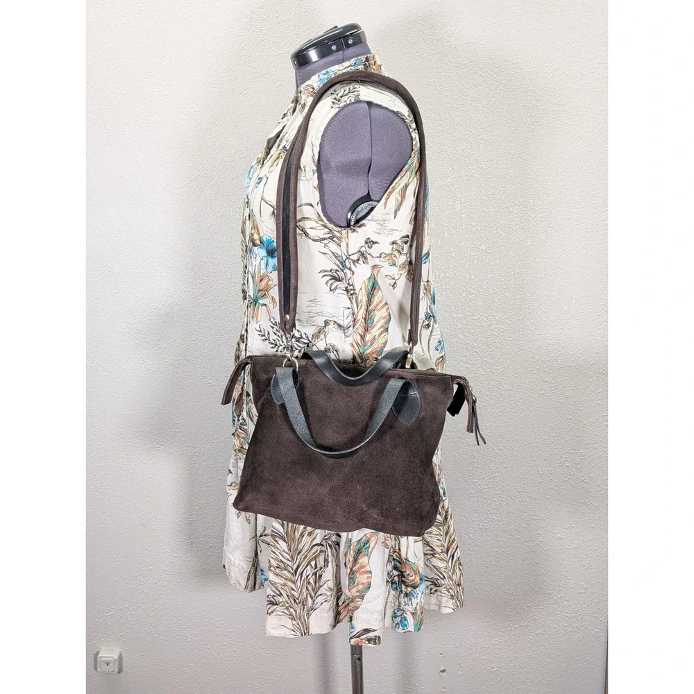 Brown Suede Leather Satchel Bag Top Handle with Detachable Strap‎